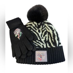 Ed Hardy Black and Light Green Knit Hat and Gloves Set